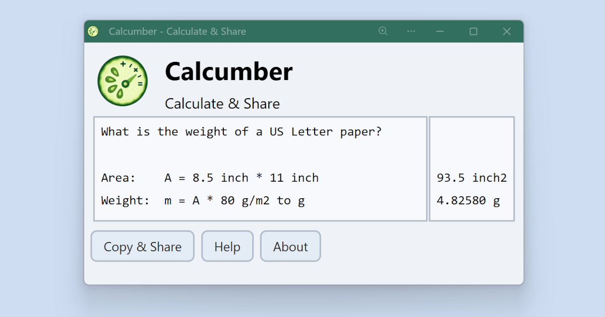 Calculating the weight of a US Letter page using Calcumber.