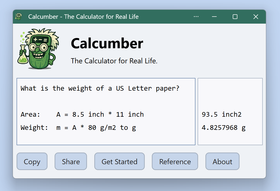 Calculating the weight of a US Letter page using Calcumber.
