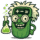 The Calcumber mascot - a cartoon cucumber with a calculator display on its head. White hear, thick glasses, smiling and an Erlenmeyer flask in its hand.